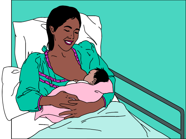 The image shows a woman holding an infant while lying on her back in what appears to be a hospital bed with medical equipment around it; she is smiling at someone off-camera who seems pleased by this moment captured as a clipart illustration, likely intended for use in greeting cards or similar contexts.