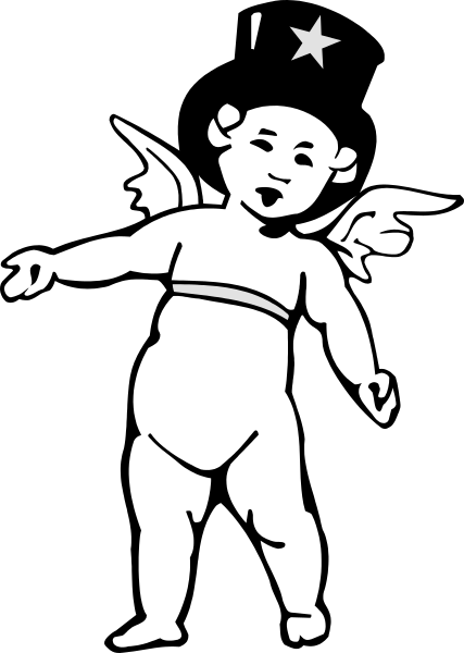 The black and white silhouette of a baby angel with wings standing on its toes against an abstract background.