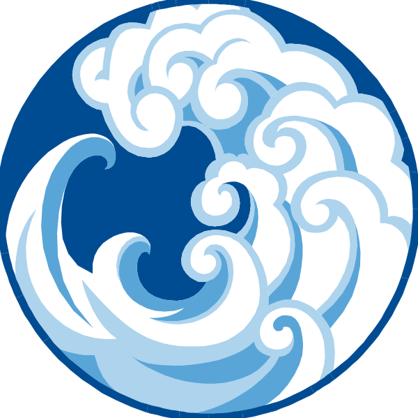 The image shows a stylized depiction of two waves with swirling patterns against a dark background; there is no text present in this clip-art illustration.