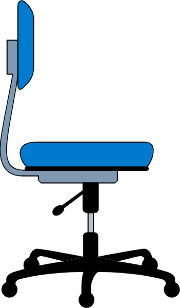 The image shows a black chair with blue highlights against a grey background on the left side of an object that appears to be a computer monitor displaying various shades of gray in its screen area.