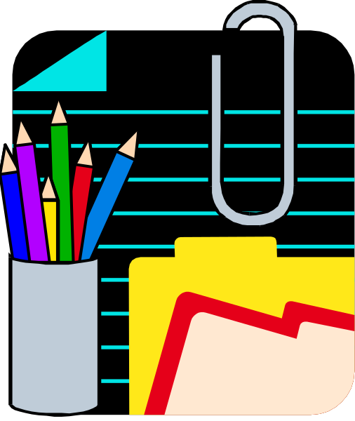 The image shows a collection of office supplies on top of an open folder with papers inside it against a backdrop that includes pencils in various shades of color and what appears to be a clipboard atop some folders, all set within a darker background resembling the interior wall or surface.