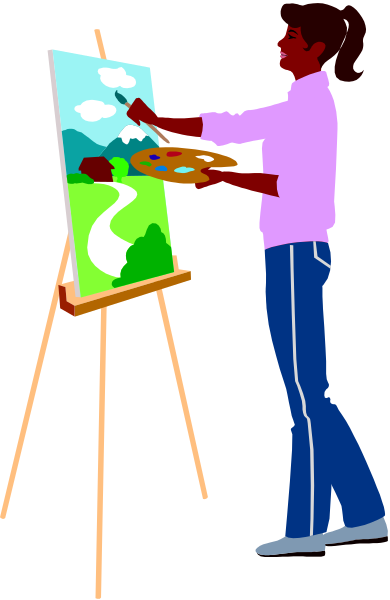 The illustration shows a person standing at an easel with paintbrushes, painting on canvas while holding another brush in their hand.