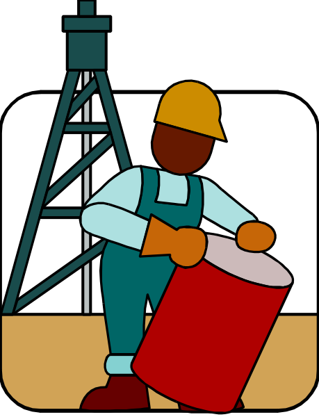 The illustration shows a construction worker wearing an orange vest holding two red buckets while standing next to a tall oil rig with a person on top of it in front of which is another figure playing drums.