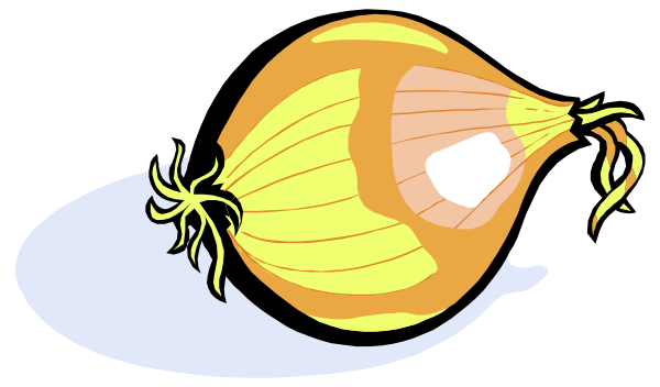 The image shows a cartoon of an onion with layers peeling off it next to another whole unpeeled onion in front of them both against a black background.
