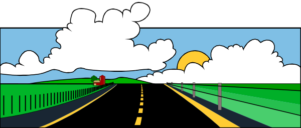 The image shows a cartoon of an empty road with clouds above it under what appears to be blue sky during daytime; there is no visible text in this clip-art illustration.
