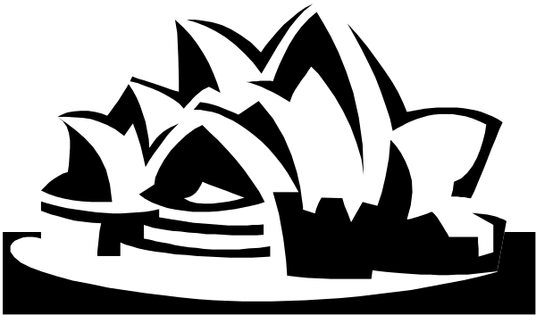 The black and white silhouette of a Sydney Opera House with an iconic Australian flag motif on top.