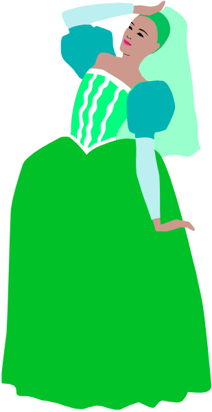 The image shows a cartoon of an animated female character with green hair sitting on her knees against a black background; she is wearing a blue dress that has puffy sleeves and appears to be in motion as if dancing, indicated by one arm raised above her head while holding onto it for balance or support.