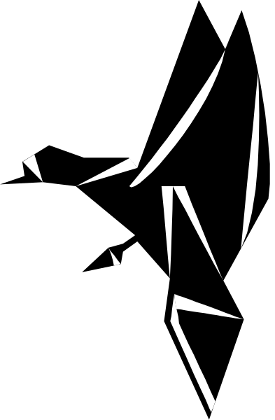 The image shows a black and white abstract design with geometric shapes that resemble shards of glass forming an irregular pattern against a dark background on the left side.