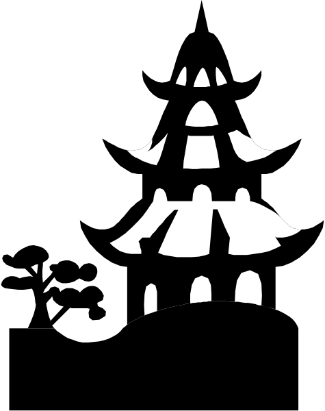 The black and white silhouette of a Christmas tree with multiple tiers on top set against an abstract background that resembles snowflakes falling downwards from above.