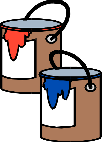 The image shows two cans of paint with dripping yellow and red paint on their sides against a black background.