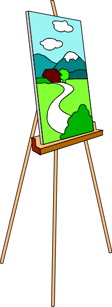 The image shows a cartoon of an easel with a painting on it placed next to another smaller picture frame that is also displaying artwork; both frames have landscapes featuring green fields under blue skies.