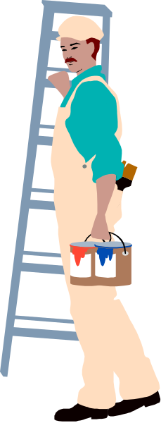 The illustration shows a man sitting on the floor with his back to us; he is holding an open sketchbook and appears to be drawing something in it while wearing blue jeans. Next to him there's a red bucket, possibly containing tools for art-making or other supplies like paintbrushes or markers.