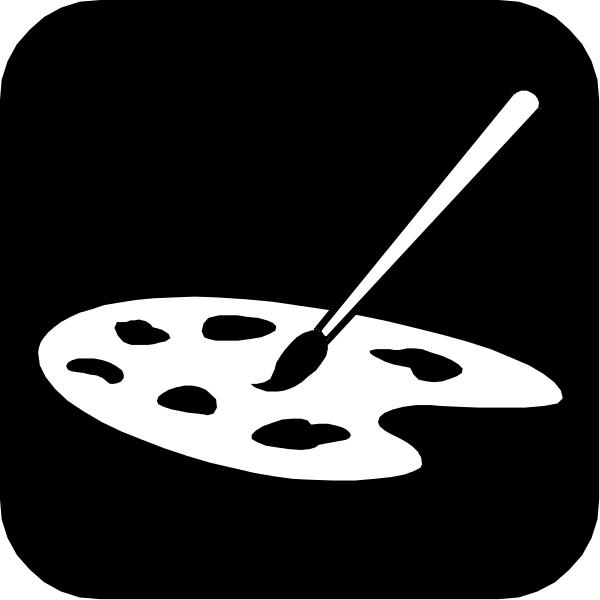 The image shows a cartoon of an easel with paint brushes on it against a black background.