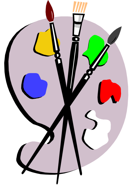 The image shows a collection of paintbrushes with various bristle types arranged around them on an easel-like stand in front of nine colorful paints that resemble palette knives.