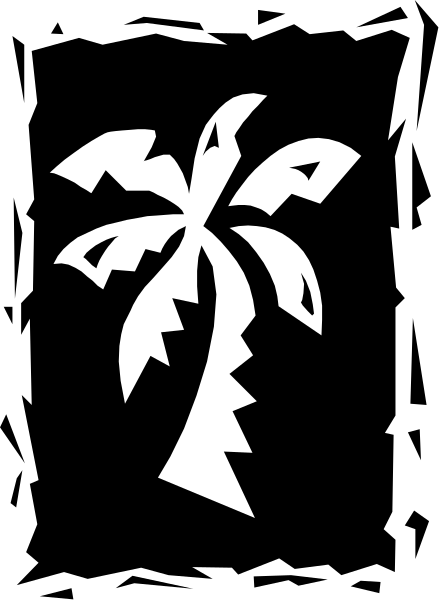 The black and white silhouette of a palm tree on top half against striped background with darker shade at bottom right corner.
