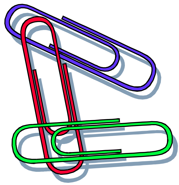The image shows a collection of colorful paper clips arranged to resemble an abstract design with two distinct sections: on top is one clip in red that appears curved; below it, there's another set consisting of three green and four pink clips forming what looks like a stylized letter 'x'.