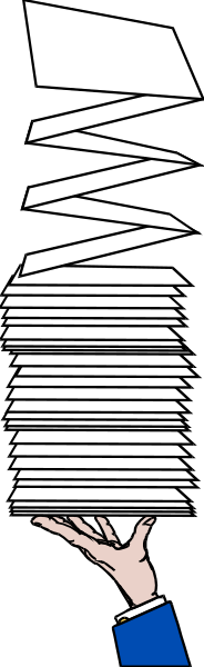 The image shows a black and white illustration of an animated character that resembles a man with his head cut off by what appears to be scissors in motion; he is holding papers above him as if presenting them, while another set of hands from below seems to hold up the bottom part where we would expect to see legs. The background has diagonal stripes and there's no clear setting or additional objects present.