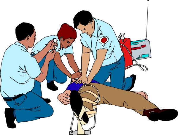 The image shows a scene with two paramedics attending to an injured person lying on their back; there is no text present in this clip-art illustration.