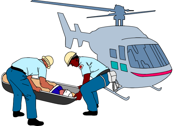 The image shows a scene with two paramedics attending to an injured person on a stretcher inside of what appears to be an ambulance vehicle parked in front of another helicopter-style aircraft.