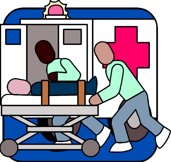 The illustration depicts two emergency medical service (EMS) personnel attending to a patient lying on an ambulance stretcher in what appears to be an outdoor environment during daylight hours.