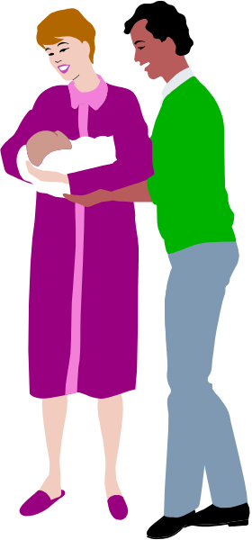 The illustration depicts a man holding an infant while standing next to another person who is also carrying a baby; both individuals appear happy as indicated by their smiles. They seem to be in front of a building with columns, and there's no text present on this image.