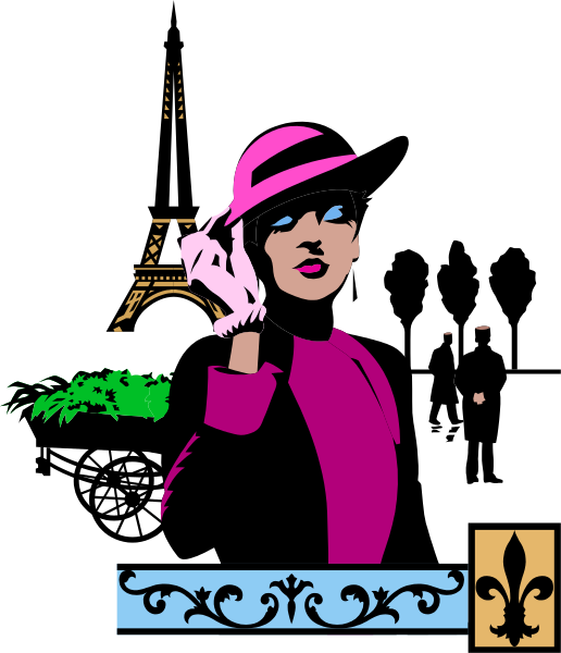 The image shows a black and white illustration of an animated character dressed as a woman from mid 20th century fashion with exaggerated features such as large eyes and lips; she is wearing a pink hat, sunglasses, gloves, and holding her hand to her face in front of the Eiffel Tower. The background has decorative elements like scrollwork at top corners and what appears to be an ornate frame around the image.