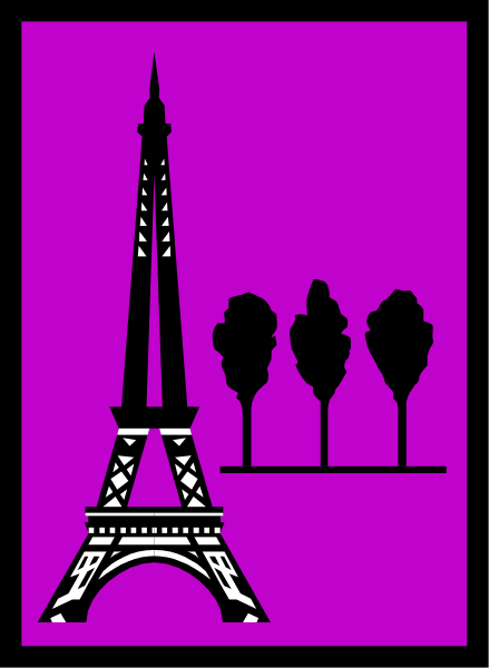 The image features a purple background with three silhouettes: an Eiffel Tower on the left side of the frame in white; two trees to its right also depicted as black outlines against the same color backdrop, and below them is another iconic symbol representing Paris - a croissant shaped like a crescent.