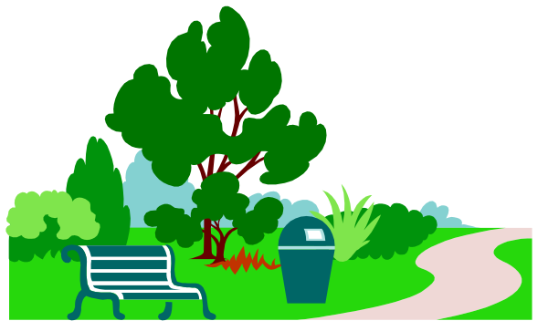 The image shows a tranquil park scene with trees, benches, flowers, grassy areas, pathways, and night sky in background.