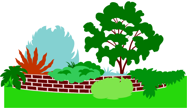 The image shows a colorful garden scene with various plants, trees, flowers, shrubs, rocks, and a brick wall in front of which is an array of greenery including bushes and small trees; there's also some grass visible at bottom left corner where it appears to be cut short.