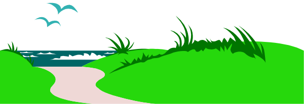 The image shows a tranquil scene with green grass on either side of a dirt path leading to water; there is no visible text in this clip-art illustration.