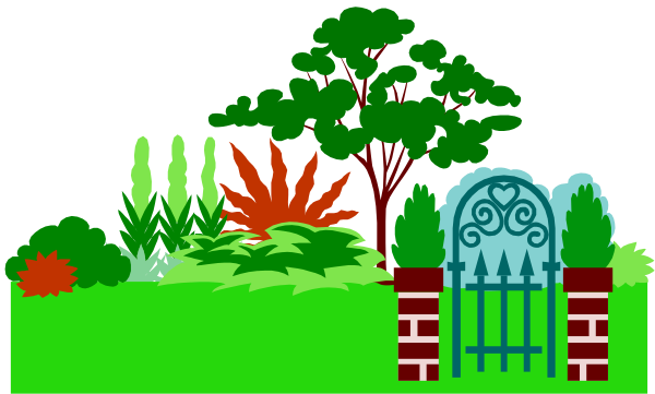 The image shows a garden scene with various plants including trees, shrubs, flowers; there's an archway in front of which is a gate made from red bricks on top of white posts connected by black bars and topped with spikes at each corner; behind this structure stands another smaller one that appears similar but without the brickwork. The garden has well-defined borders marked by hedges, and there's an open space in front where some plants are growing freely.