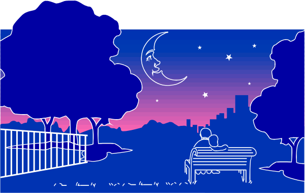 The image depicts a tranquil night scene with an illuminated crescent moon hanging low on the horizon over silhouetted trees against a gradient sky transitioning from blue to pink as it stretches towards purple and then back into darker shades of blue, suggesting dusk. In front is a park bench facing away from us under what appears to be an archway or pergola with vines growing on its sides; the ground around this area seems well-maintained. The scene conveys peacefulness through the absence of people and activity in favor of natural