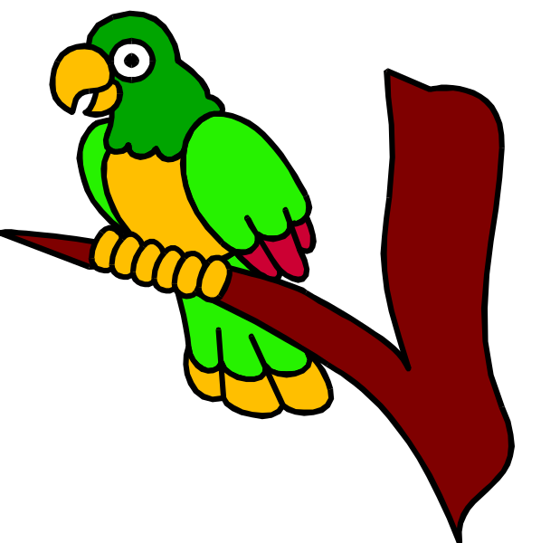 The image shows a colorful parrot perched on top of an arrow pointing to "V".