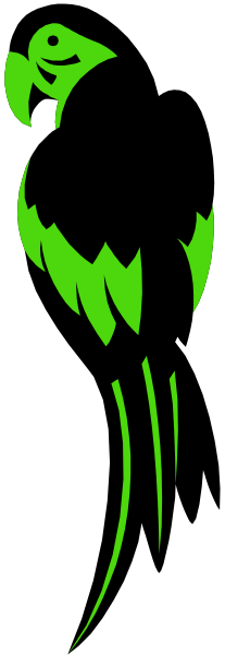 The image shows a green parrot with an open beak against a black background on its left side.