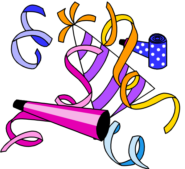 The image shows a colorful celebration scene with confetti, party hats, balloons, streamers, candles in shapes of numbers 1 through 5, two pink champagne flutes filled to varying levels and one empty, all set against black background. There is no text present on the clip-art. The objects are arranged as if they have been casually tossed or blown away from a central point above them. This image does not depict any people or animals; it focuses solely on party items typically associated with celebrations and festivities, such as confetti in various