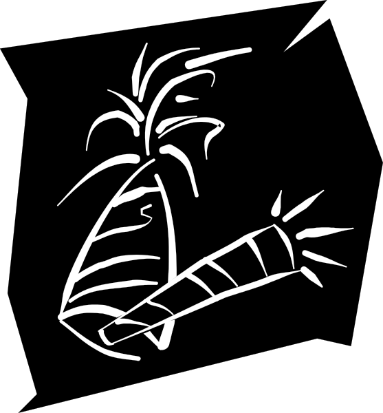 The black and white line drawing shows a pineapple with leaves on top of it next to an arrow pointing upwards towards what appears to be a coconut shell atop another object that resembles a banana, all set against a plain background.