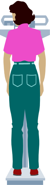 The image shows a pixelated figure of an adult male standing on top of another smaller humanoid figure that is wearing blue jeans with rolled-up cuffs at both ends; there's no text present in this clip-art illustration, and it appears to be set against a plain background without any additional context or setting.