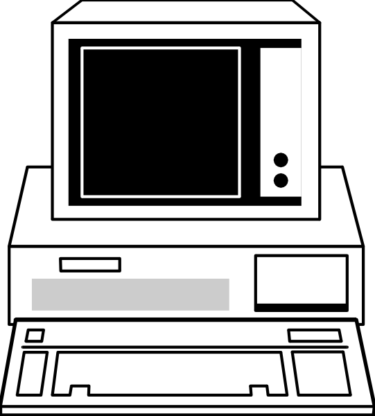 The black and white illustration shows a desktop computer with its monitor turned off on top of it, sitting next to an open keyboard drawer that is partially pulled out from under the desk surface.