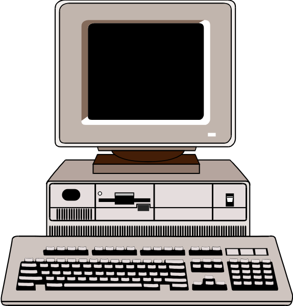 The image shows two computer monitors side by side on a desk with keyboards below them; to their right is an older model desktop PC tower unit featuring floppy disk drives at its front panel.