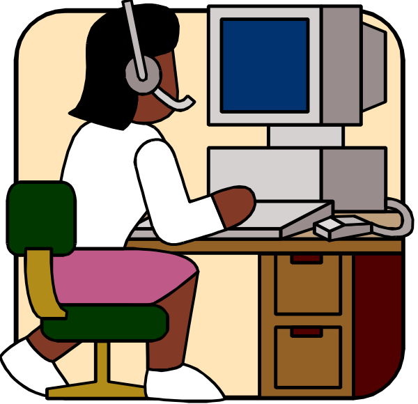 The illustration depicts a person sitting at an office desk with computer equipment, including a monitor displaying blue text on its screen; another individual is standing next to them wearing headphones over their ears while looking towards something outside of the frame.