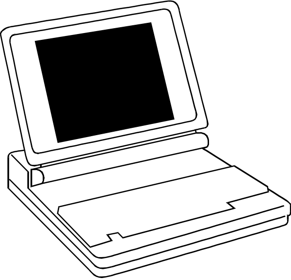 The black and white illustration shows a laptop computer with its screen off on top of another closed laptop that is also turned off.