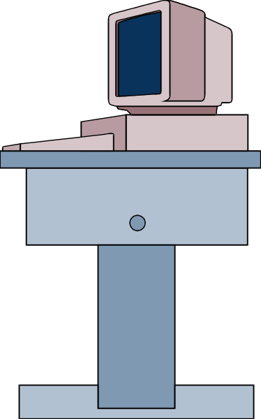 The image shows a stylized illustration of an electronic device resembling a computer monitor with a keyboard below it on top of what appears to be a table in front of a wall that has two vertical lines, one darker than the other.