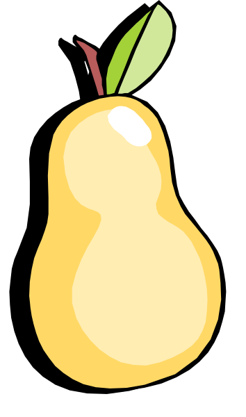 The illustration shows a cartoon pear with an apple slice on top of it against a black background.