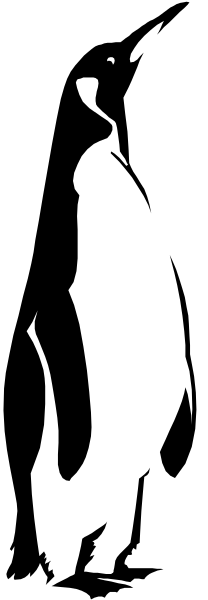 The black and white silhouette of a penguin standing behind vertical blinds with its head peeking out from between them.