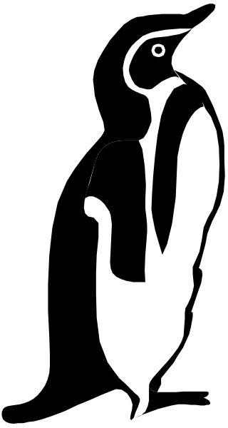 The black and white photo shows a penguin standing upright on its hind legs with an oval shape around it that resembles a bird's nest containing two eggs.