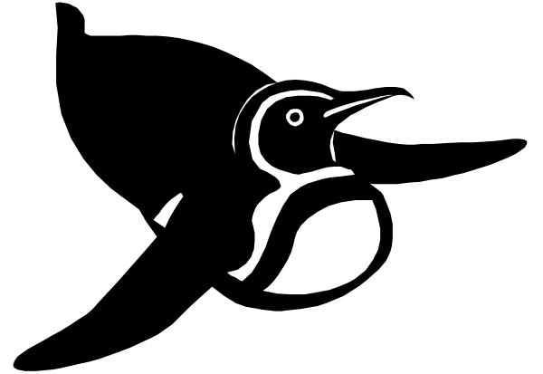 The black and white silhouette of a penguin on an iceberg with water around it.