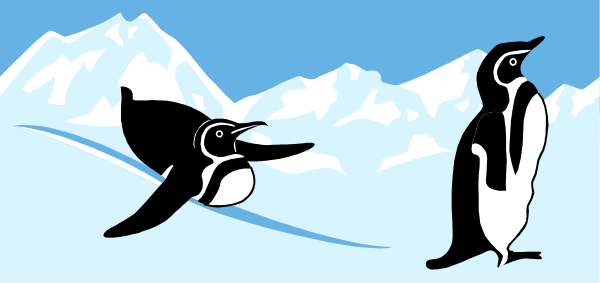 The image shows two penguins on an iceberg with a mountainous background; there is no text present within this small clip-art picture.