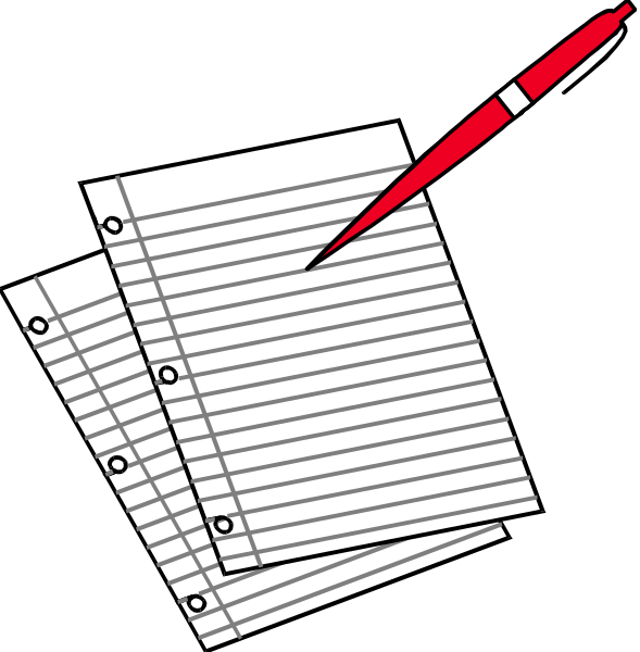 The image shows a black and white illustration of two pieces of paper with writing on them next to each other; above these papers is an ink pen pointing towards one piece of paper that has been crossed out by drawing lines through it, indicating erasure or deletion; below this are three blank sheets of lined notebook paper.