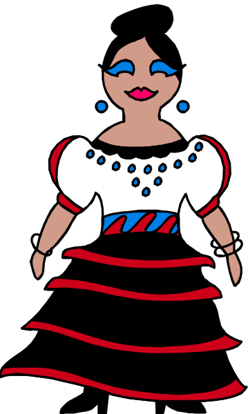 The image shows a cartoon of an animated female character wearing traditional Mexican attire with blue eyeshadow on her eyelids; she is standing against a black background.
