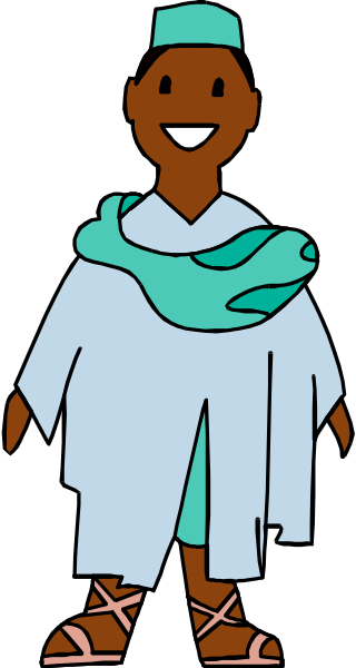 The image shows a cartoon of an African man wearing traditional attire standing next to another figure that appears to be holding up its hands in front of it's face as if hiding something from view.